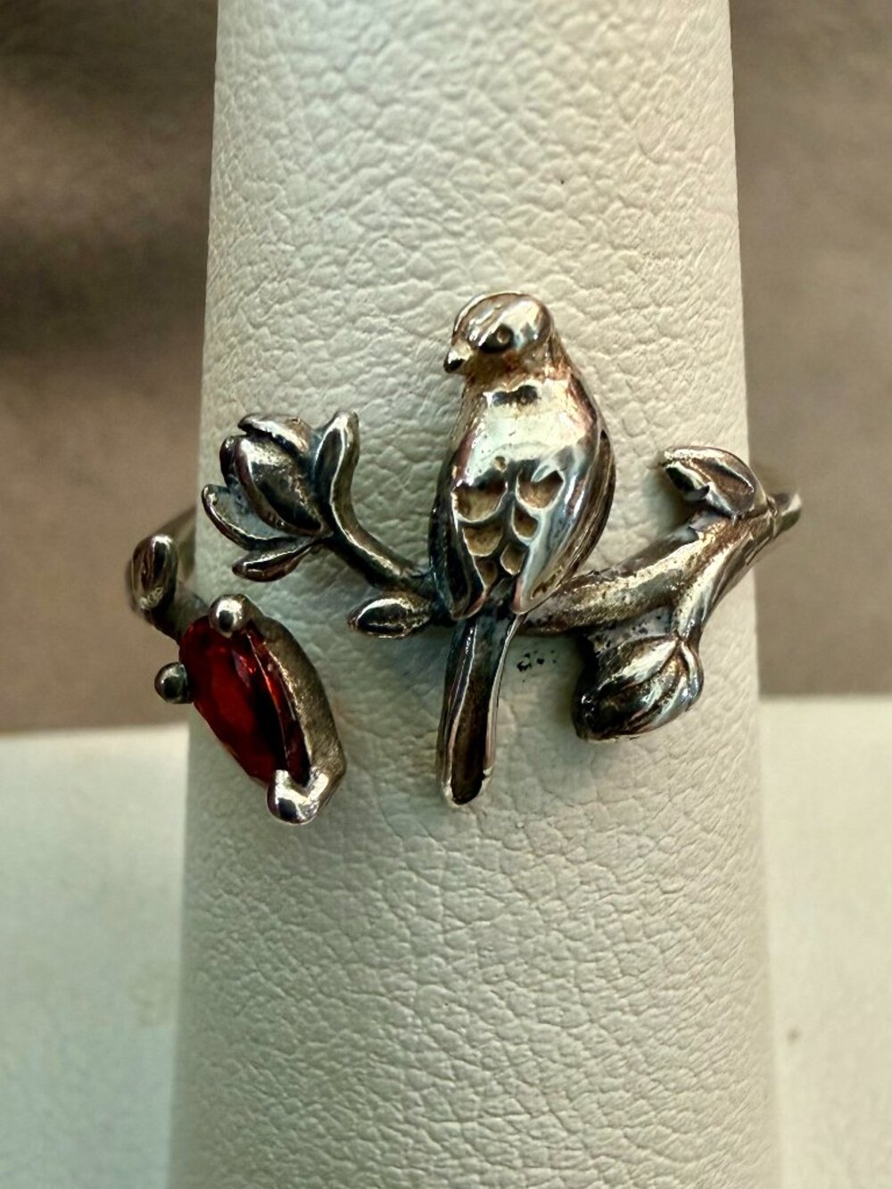 925 sterling silver bird and flower ring garnet stone.